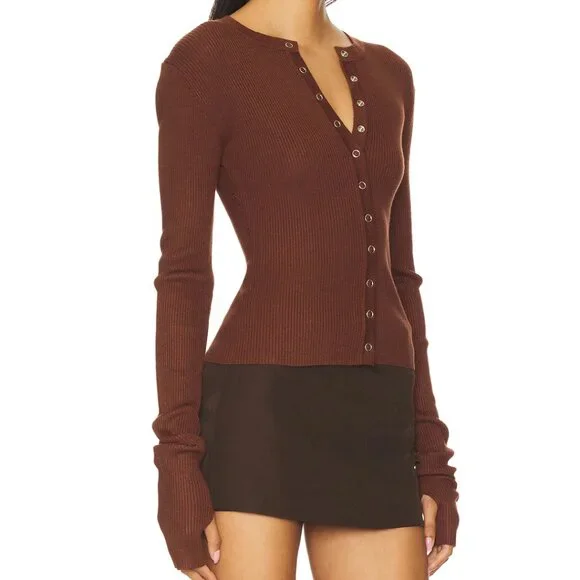 LIONESS x REVOLVE Ivy League Top in Chocolate Brown Long Sleeve Cardigan - Picture 2 of 3